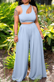 Blue Sexy Solid Hollowed Out O Neck Sleeveless Two Pieces