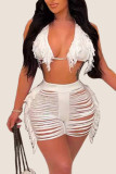 Rose Red Sexy Solid Tassel Bandage Hollowed Out Patchwork Swimwears