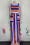 Dark Blue Sexy Casual Striped Patchwork Backless Square Collar Regular Jumpsuits (Without Belt)