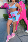 Pink Fashion Print Patchwork Spaghetti Strap Sleeveless Two Pieces