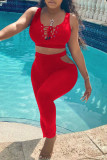 Tangerine Red Sexy Solid Bandage Hollowed Out Patchwork U Neck Sleeveless Two Pieces