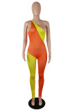 Red Black Sexy Casual Solid Patchwork Backless One Shoulder Skinny Jumpsuits