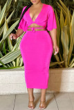 Rose Red Fashion Sexy Solid Bandage V Neck Half Sleeve Two Pieces