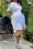White Fashion Casual Solid Patchwork Turndown Collar Shirt Dress