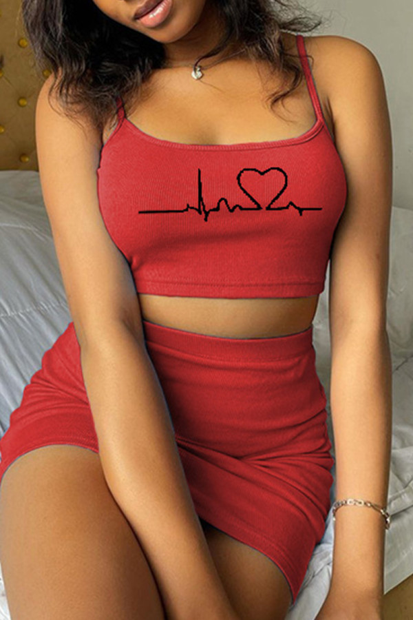 Red Sexy Casual Print Backless Spaghetti Strap Sleeveless Two Pieces