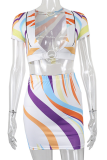 Colour Sexy Print Patchwork Turndown Collar Short Sleeve Two Pieces