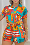 Colour Fashion Casual Not Positioning Printed Basic Turndown Collar Short Sleeve Two Pieces