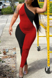 Red Black Sexy Casual Solid Patchwork Backless One Shoulder Skinny Jumpsuits