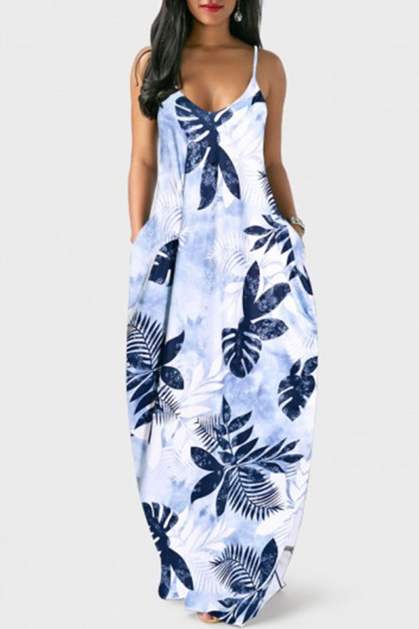 White Fashion Sexy Casual Print Backless Spaghetti Strap Long Dress