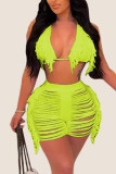 Yellow Sexy Solid Tassel Bandage Hollowed Out Patchwork Swimwears