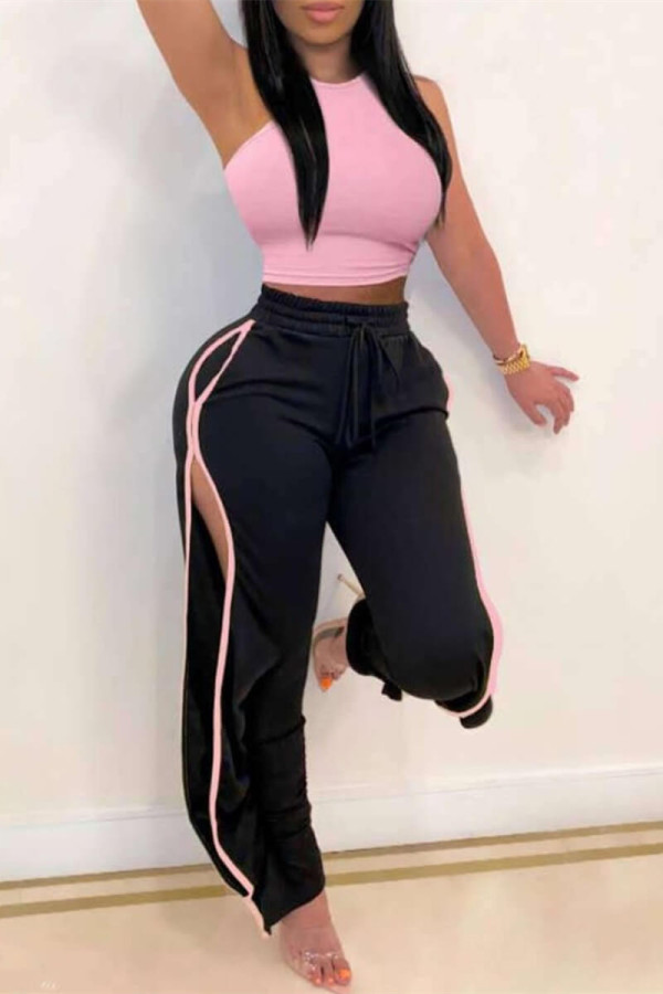 Pink Fashion Casual Solid Hollowed Out Patchwork O Neck Sleeveless Two Pieces