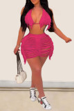 Rose Red Sexy Solid Tassel Bandage Hollowed Out Patchwork Swimwears