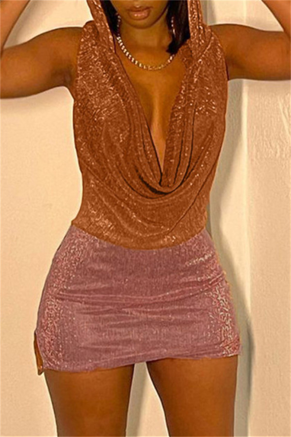 Light Brown Fashion Sexy Patchwork Backless Hooded Collar Sleeveless Dress