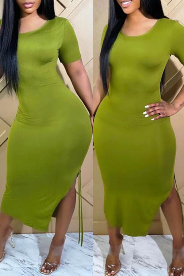 Green Fashion Casual Solid Slit O Neck Short Sleeve Dress