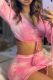 Pink Fashion Patchwork Tie-dye Off the Shoulder Long Sleeve Two Pieces