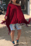 Rose Red Fashion Casual Solid Tassel Patchwork Asymmetrical Oblique Collar Tops