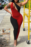 Red Black Sexy Casual Solid Patchwork Backless One Shoulder Skinny Jumpsuits