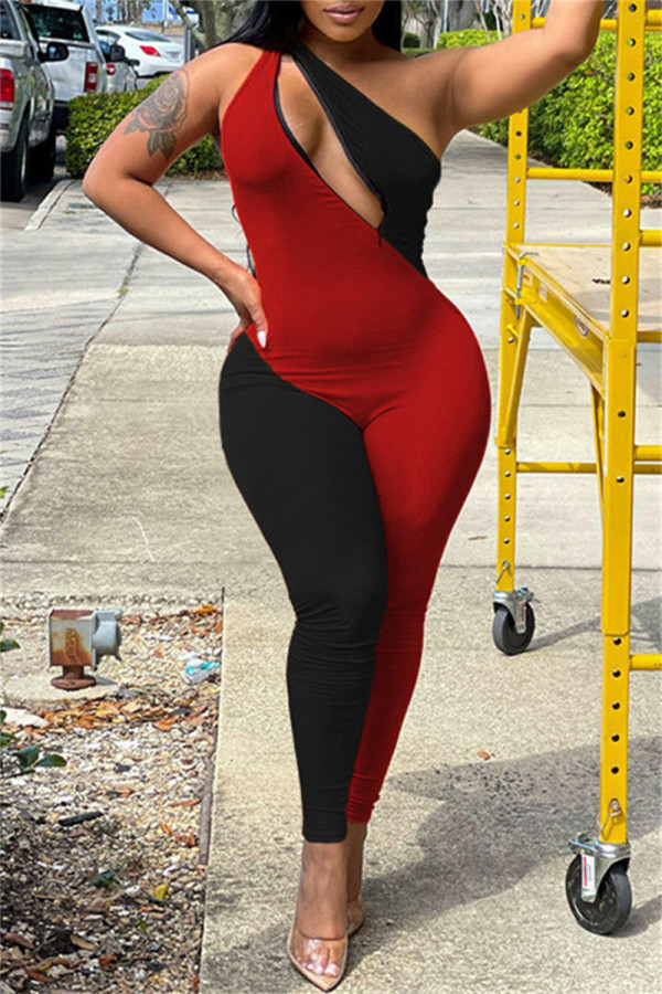 Red Black Sexy Casual Solid Patchwork Backless One Shoulder Skinny Jumpsuits