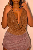 Light Brown Fashion Sexy Patchwork Backless Hooded Collar Sleeveless Dress