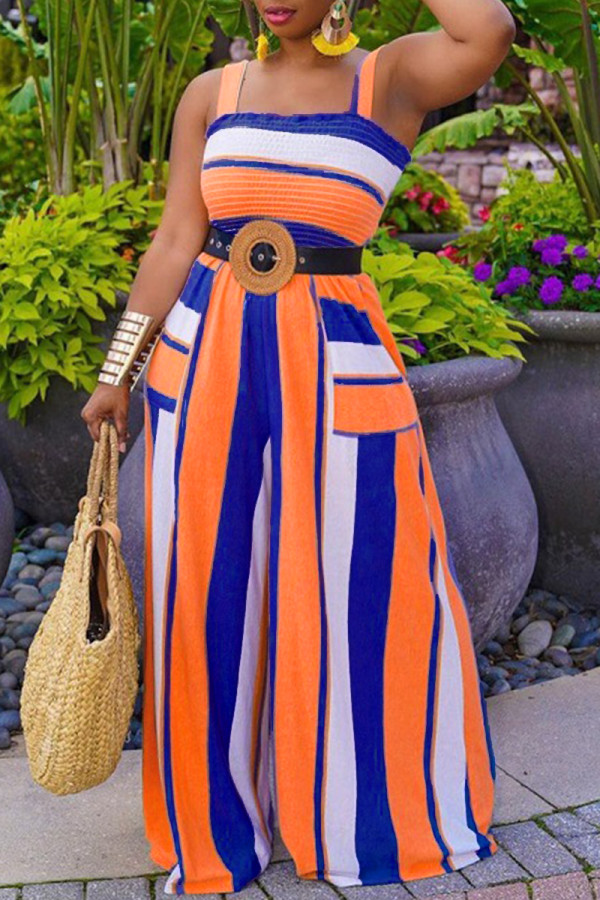 Dark Blue Sexy Casual Striped Patchwork Backless Square Collar Regular Jumpsuits (Without Belt)