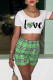 Green Casual Print Patchwork O Neck Short Sleeve Two Pieces