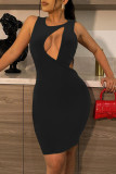 Yellow Sexy Solid Hollowed Out Patchwork O Neck Pencil Skirt Dresses