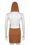 Light Brown Fashion Sexy Patchwork Backless Hooded Collar Sleeveless Dress