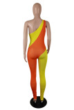Red Black Sexy Casual Solid Patchwork Backless One Shoulder Skinny Jumpsuits