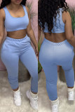 Light Blue Casual Sportswear Solid Vests Pants U Neck Sleeveless Two Pieces
