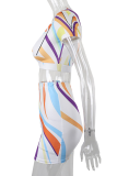 Colour Sexy Print Patchwork Turndown Collar Short Sleeve Two Pieces