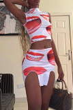 White Sexy Lips Printed Patchwork O Neck Sleeveless Two Pieces