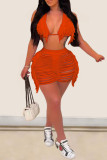 Tangerine Red Sexy Solid Tassel Bandage Hollowed Out Patchwork Swimwears