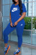 Blue Fashion Casual Print Letter V Neck Short Sleeve Two Pieces