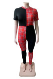 Black Red Fashion Casual Plaid Print Patchwork Half A Turtleneck Plus Size Jumpsuits