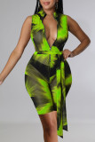 Yellow Sexy Print Patchwork Zipper Collar Skinny Rompers