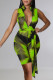Green Sexy Print Patchwork Zipper Collar Skinny Rompers