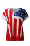 Red White Casual Print Patchwork V Neck T-Shirts