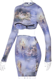 Colour Sexy Print Patchwork O Neck Long Sleeve Two Pieces