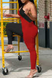 Red Black Sexy Casual Solid Patchwork Backless One Shoulder Skinny Jumpsuits