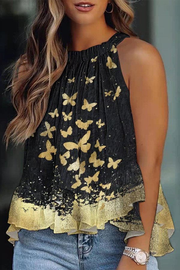 Black Gold Fashion Casual Print Basic O Neck Tops