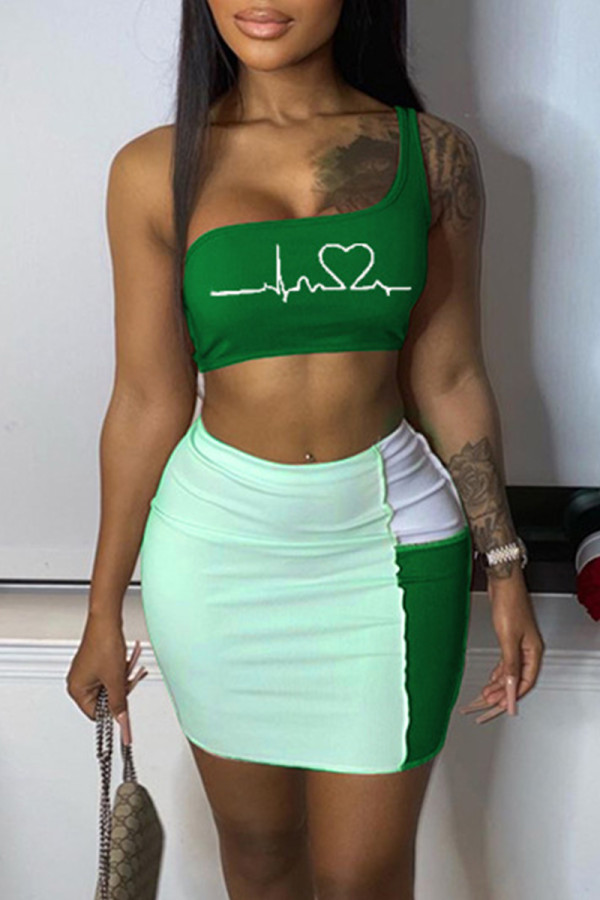 Green Sexy Casual Print Patchwork Backless One Shoulder Sleeveless Two Pieces