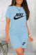 Light Blue Fashion Casual Letter Print Basic O Neck Short Sleeve Two Pieces