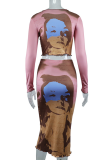 Pink Fashion Print Patchwork O Neck Long Sleeve Two Pieces