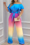 Blue Fashion Casual Gradual Change Solid Patchwork Off the Shoulder Regular Jumpsuits