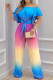 Blue Fashion Casual Gradual Change Solid Patchwork Off the Shoulder Regular Jumpsuits