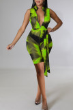 Yellow Sexy Print Patchwork Zipper Collar Skinny Rompers