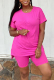 Pink Casual Solid Patchwork O Neck Short Sleeve Two Pieces