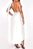 White Fashion Sexy Solid Backless Asymmetrical One Shoulder Sleeveless Two Pieces