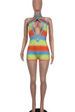 Multicolor Sexy Striped Print Hollowed Out Patchwork Halter Regular Jumpsuits