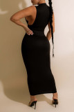 White Sexy Print Hollowed Out Patchwork O Neck Pencil Skirt Dresses